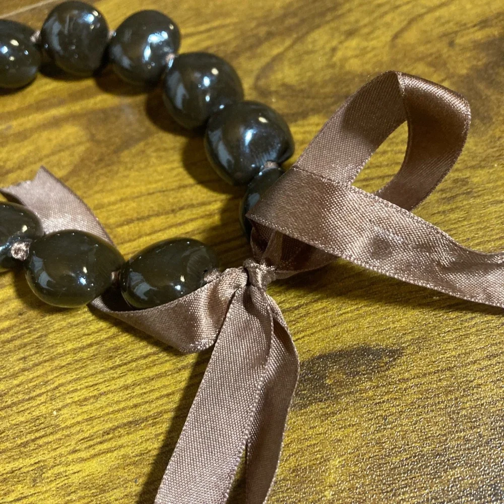 Vintage Hawaiian Kukui Nut Lei Necklace Polished Dark Brown Ribbon Tie 32in
